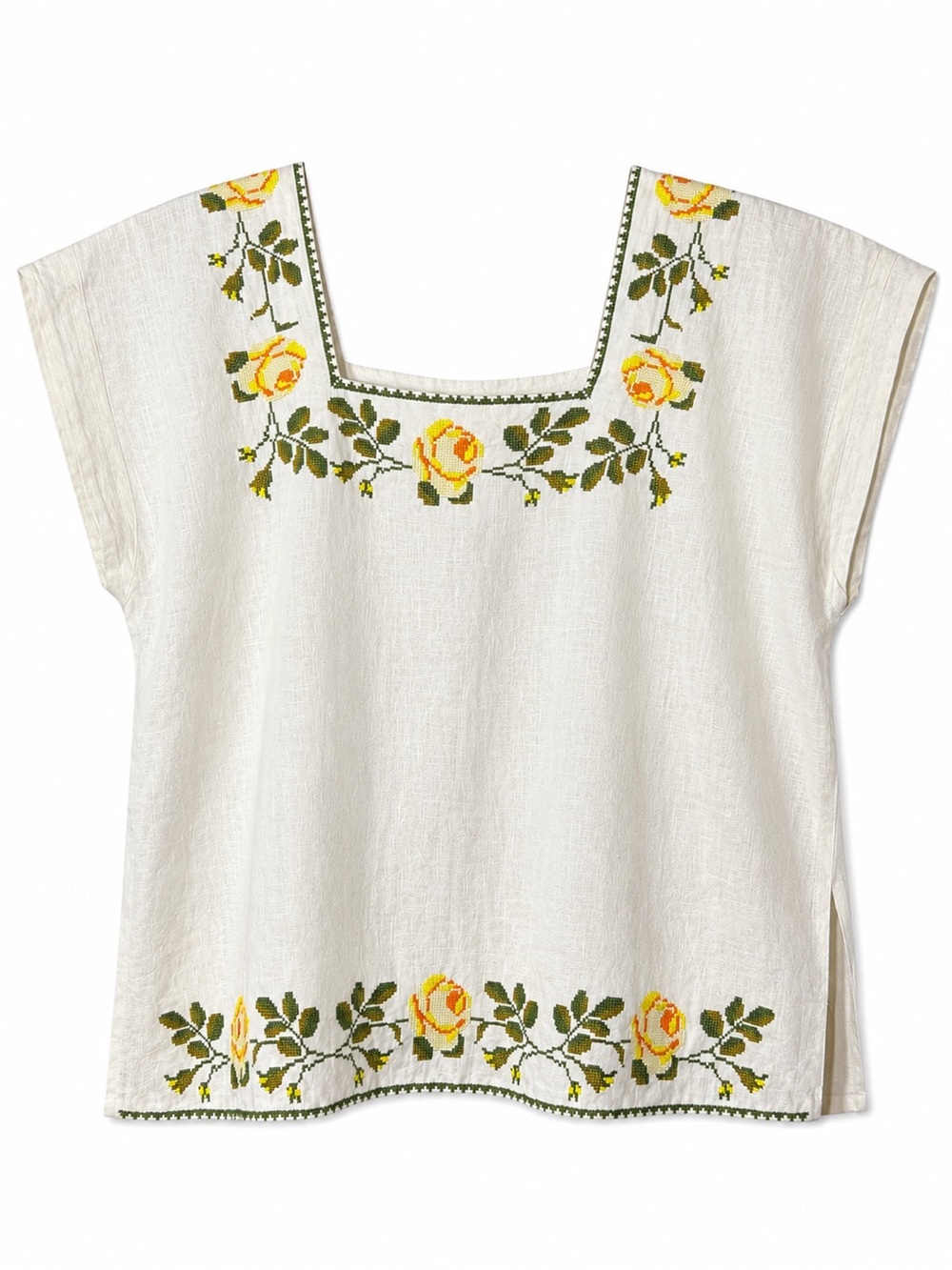 Taller Maya Embroidered Linen Blend Floral Huipil Tunic Top